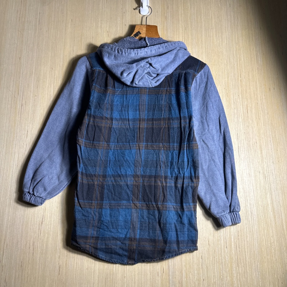 Vintage Maui and Sons Hooded Flannel Shirt Kids Small Blue 90s Plaid Mixed Media - Picture 11 of 12